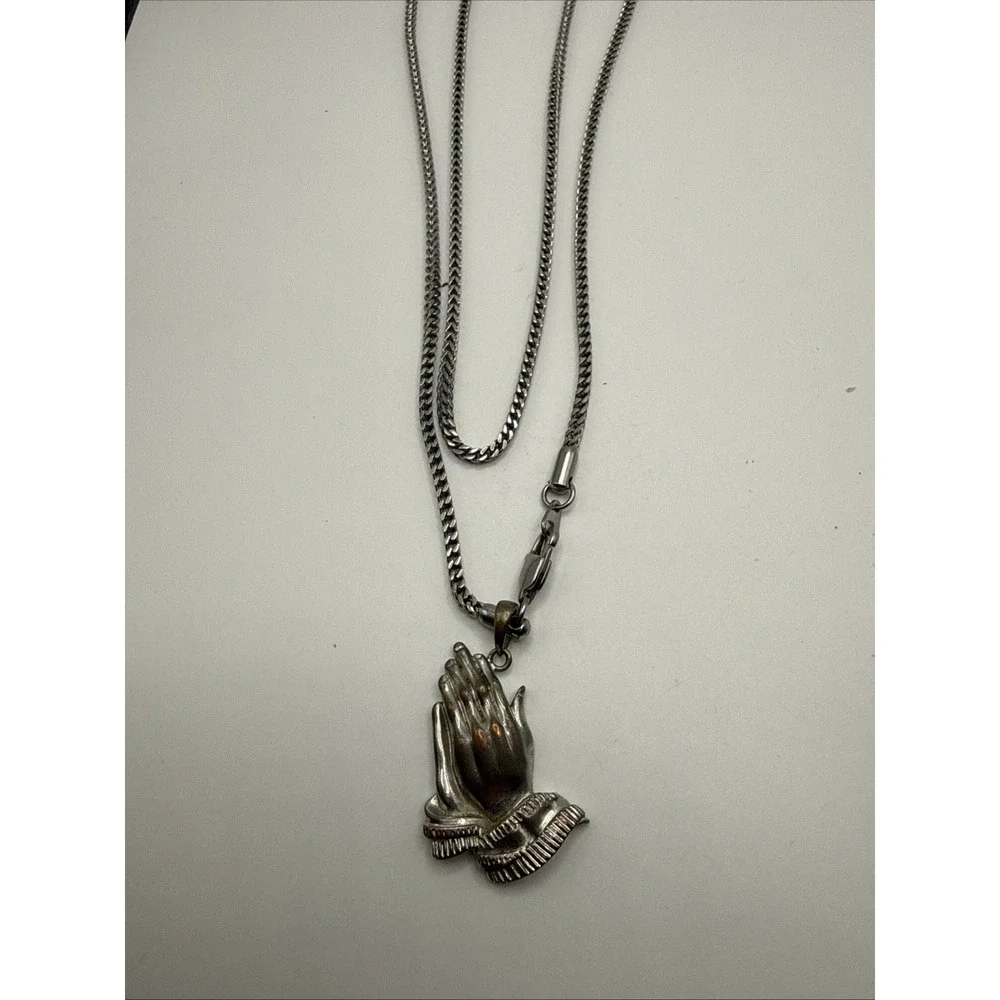 Men's Catholic Christian Prayer Praying Hands Stainless Steel Pendant Necklace